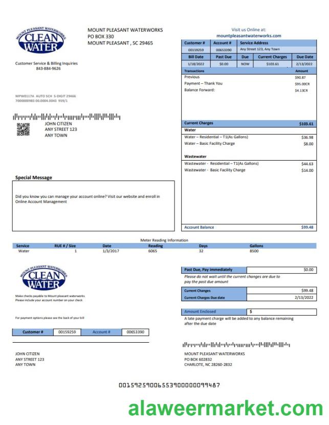 USA Clean Water utility bill template in Word and PDF format